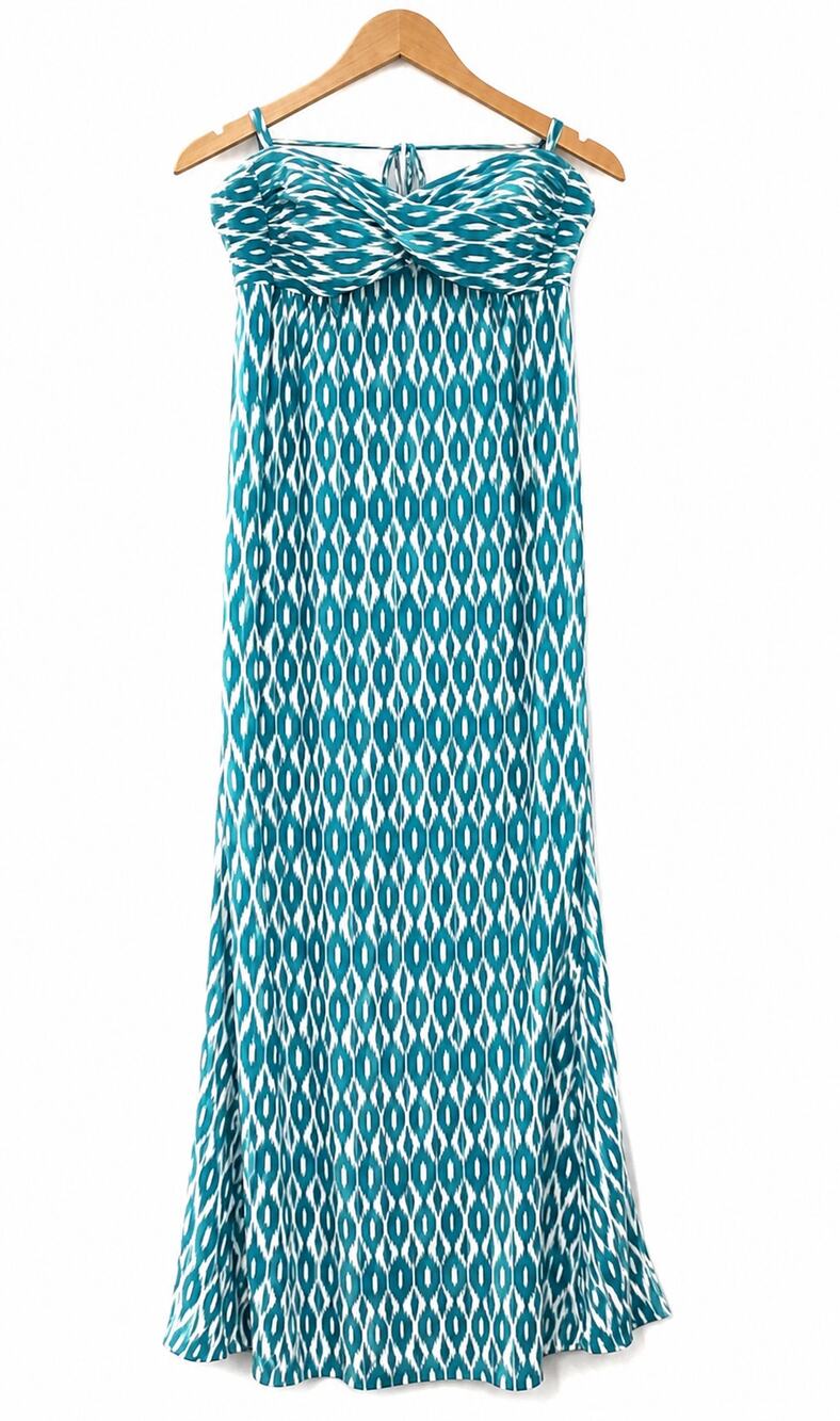 Robin Piccone Maxi Dress Women's Large Blue White Geometric Halter Stretch
